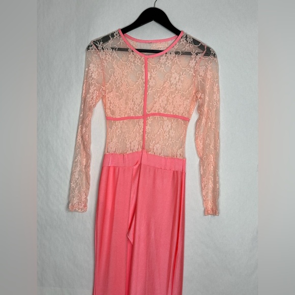 Vintage Sheer Lace Long Sleeve Maxi Dress Flamingo Pink Size Medium Romantic - Picture 5 of 10